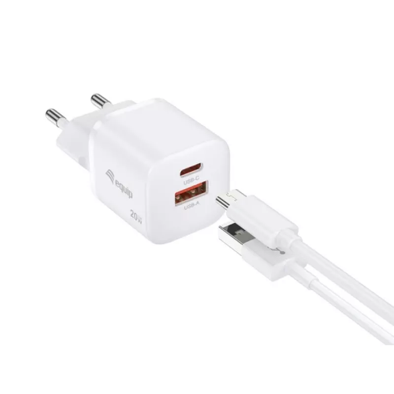 Equip 2-pordine USB-C PD3.0/USB-A GaN seinilaadija 20W valge