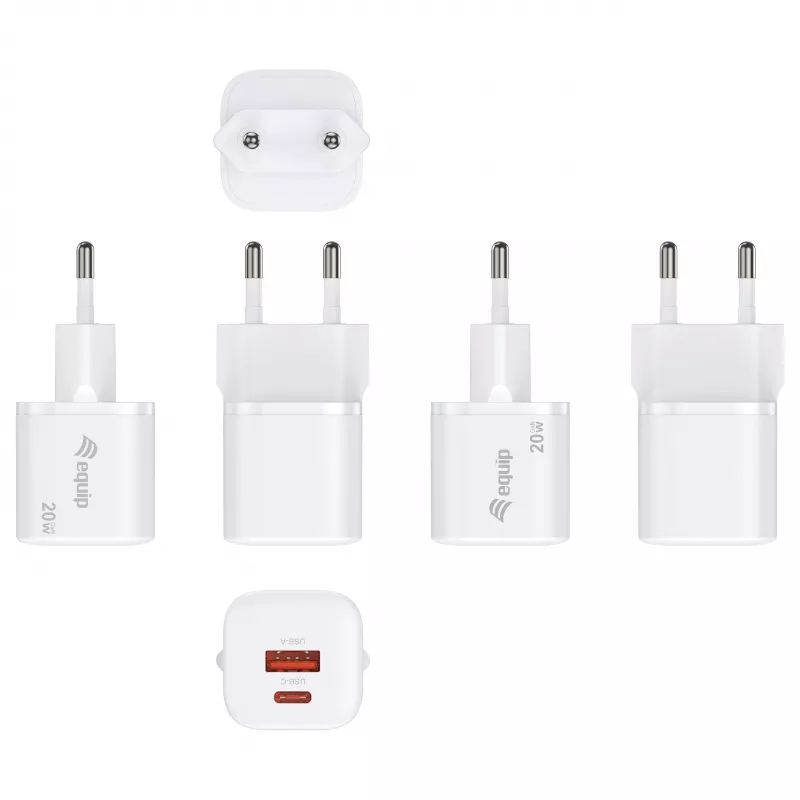 Equip 245526 2-pordiline USB-C PD3.0 / USB-A GaN 20W seinilaadija, valge