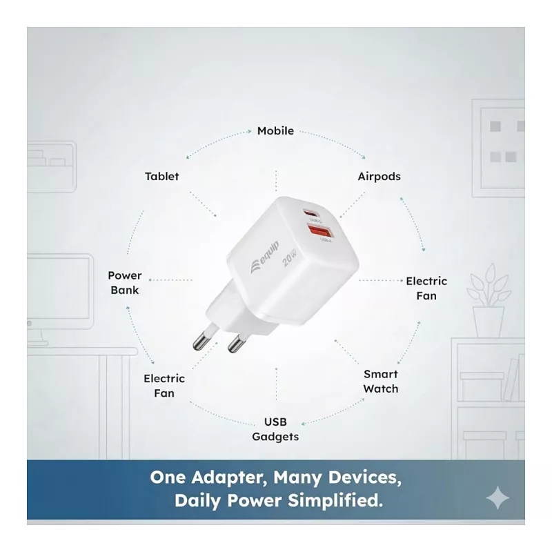 Equip 245526 2-pordiline USB-C PD3.0 / USB-A GaN 20W seinilaadija, valge