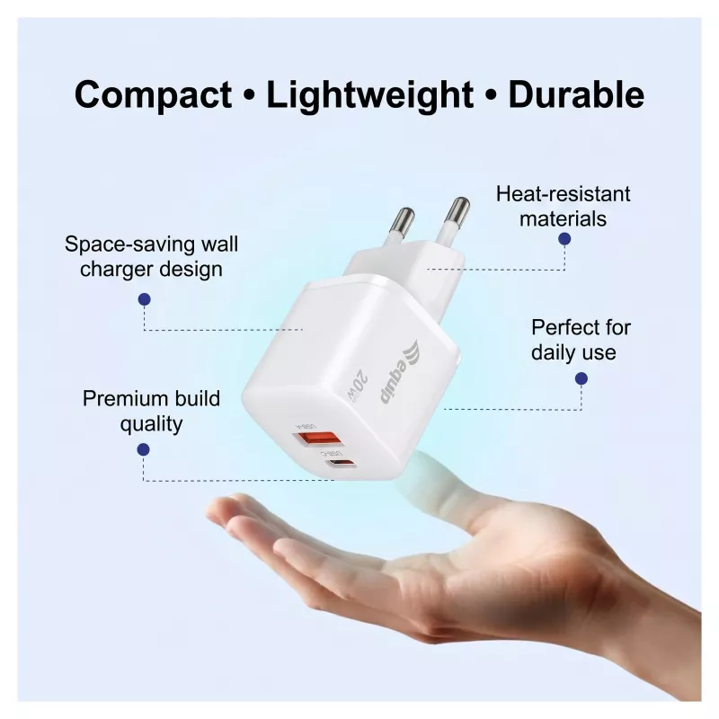 Equip 245526 2-pordiline USB-C PD3.0 / USB-A GaN 20W seinilaadija, valge
