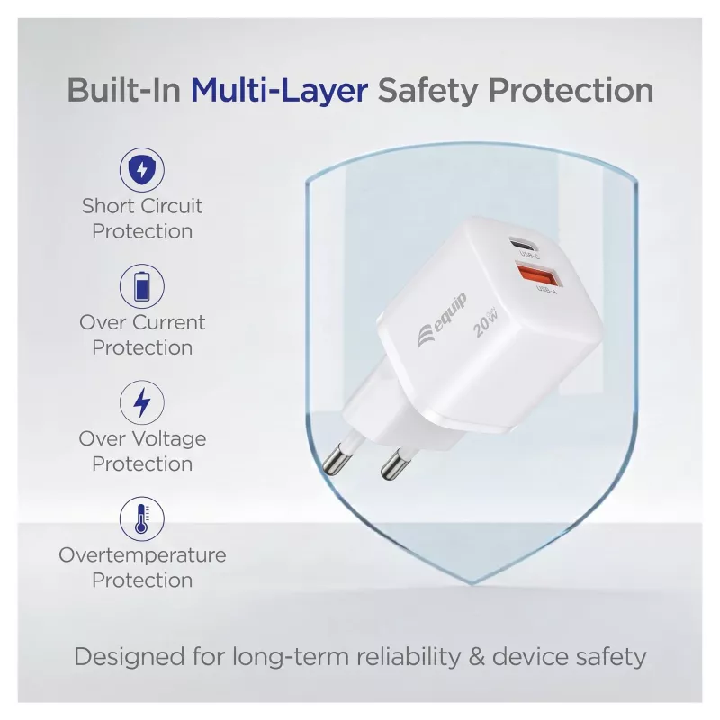 Equip 245526 2-pordiline USB-C PD3.0 / USB-A GaN 20W seinilaadija, valge