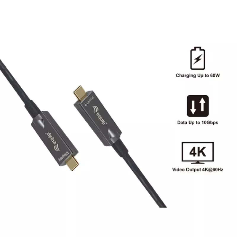 EQUIP 578203 USB-C to USB-C aktiivne optiline kaabel 7,5 m 4K@60Hz 10Gbps PD 60W must