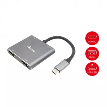 EQUIP USB-C 4-in-1 Dual-HDMI adapter 100W PD, 4K MST, Alumiinium