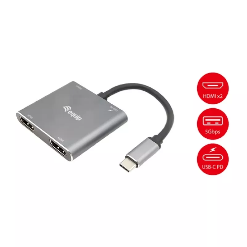 EQUIP USB-C 4-in-1 Dual-HDMI adapter 100W PD, 4K MST, Alumiinium