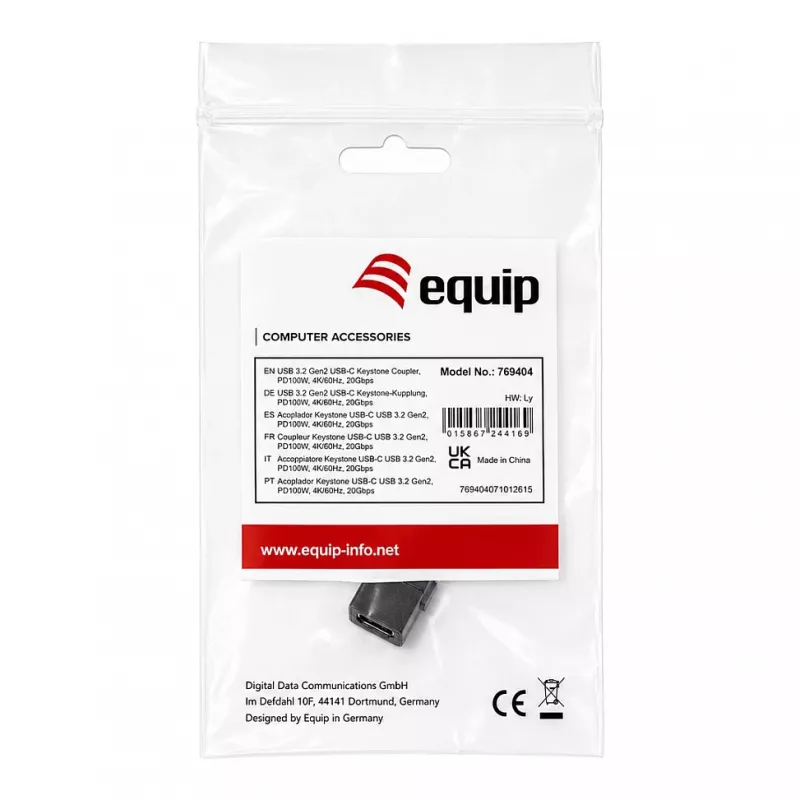 Equip USB-C keystone ühendusmuhv, USB 3.2 Gen 2, USB-C emane-emanele, must
