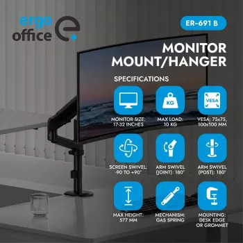 Ergo Office ER-691 B Gaasivedruga Monitorikinnitus 17-32 inch ekraanidele, 1-10 kg, matt must, VESA 75/100
