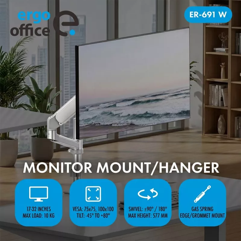 ERGO OFFICE ER-691 W gaasivedruga lauakinnitus monitoridele 17-32 inch kuni 10 kg, mattvalge