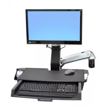 Ergotron 45-260-026 rööpapaigalduskomplekt, kõrgusreguleeritav monitorikinnitus klaviatuurialuse, väljatõmmatava hiirealuse, randmetoe ja vöötkoodiskanneri hoidikuga, sobib kuni 24 tolli LCD, VESA 75/100mm, poleeritud alumiinium