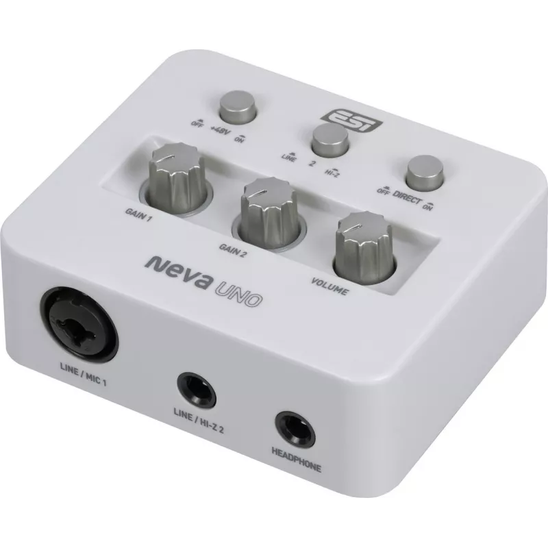 ESI Neva Uno – USB-C heliliides, 24-bit/192 kHz, 2 sisse-/2 väljundit, XLR/TRS kombosisend, +48V, otsene monitooring