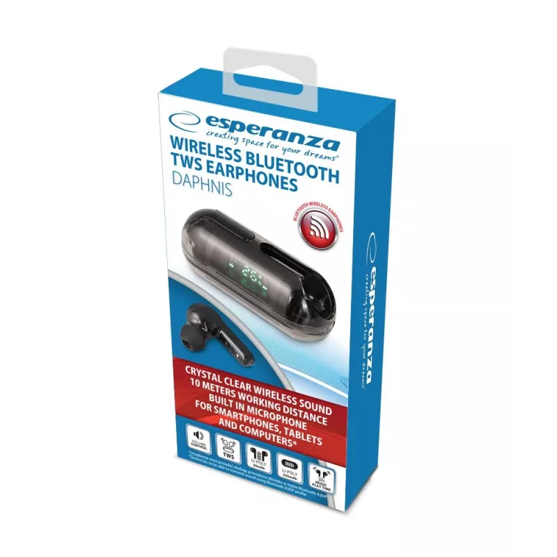 Esperanza EH239K tõelised juhtmevabad stereo Bluetooth-kõrvaklapid laadimisümbrisega, puutetundlik juhtimine, sisseehitatud mikrofon, must