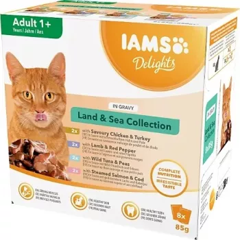EUKANUBA IAMS DELIGHTS Land & Sea Collection kastmes – märg kassitoit – 8x85g