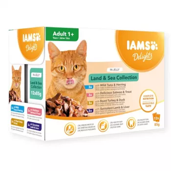 EUKANUBA IAMS DELIGHTS Land & Sea Collection tarretises – märg kassitoit – 12x85g kotid