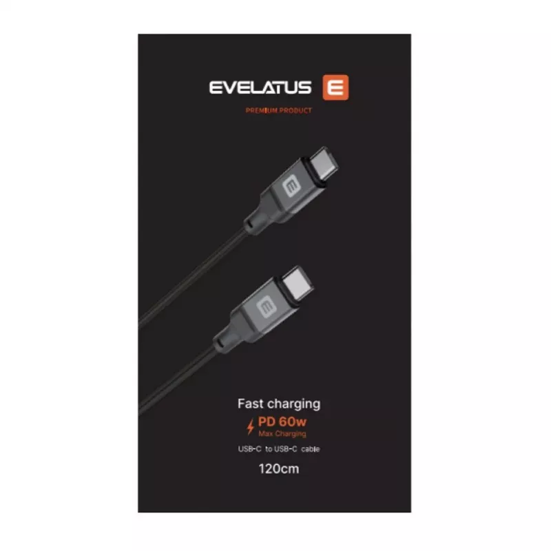 Evelatus spiraalne USB-C to USB-C kaabel 1,2M 60W PD punutud must