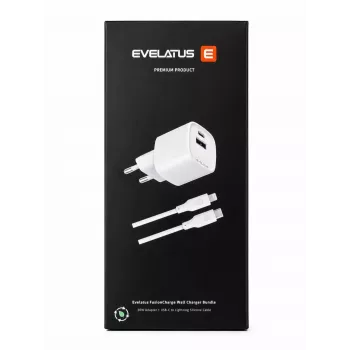 Evelatus FusionCharge seinadapteri komplekt 20W toiteadapter 60W USB-C–Lightning silikoonkaabliga, valge
