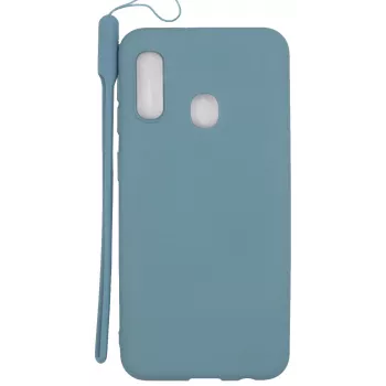 Evelatus Samsung Galaxy A20e pehme puudutusega silikoonist ümbris rihmaga, sinine