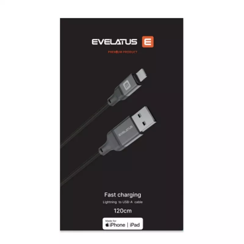 Evelatus USB-A to Lightning kaabel 1,2m (MFi11CL) alumiiniumkorpusega punutud must