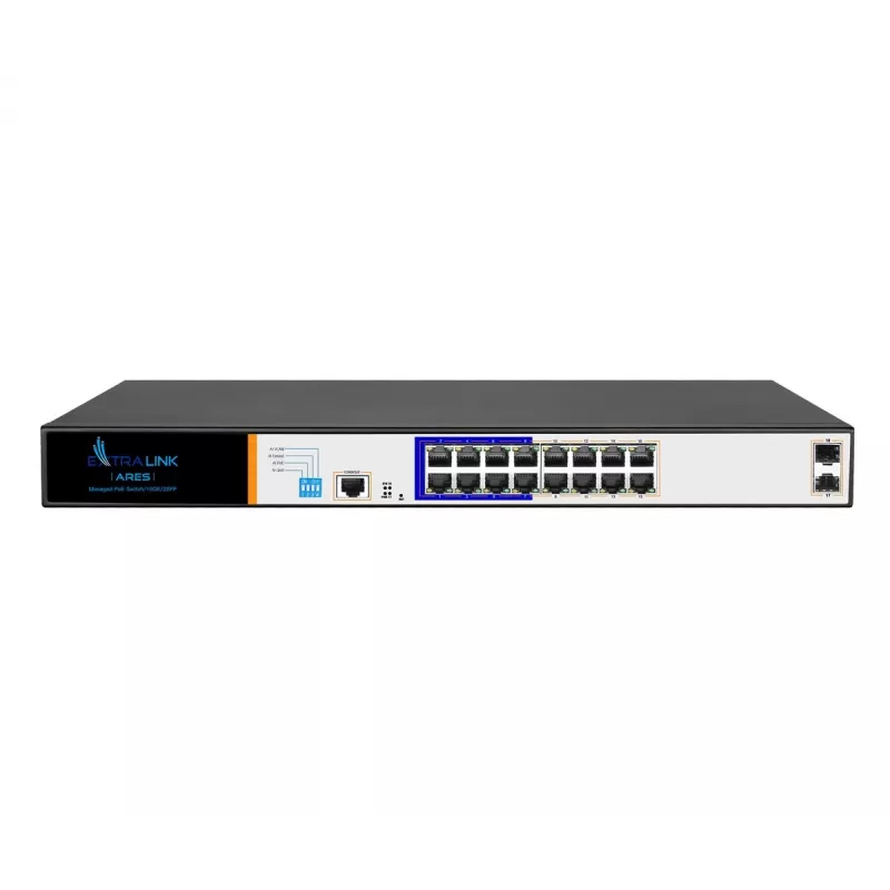 Extralink ARES PoE kommutaator, 16x Gigabit PoE/PoE+, 2x SFP, 1x konsooliport, 150W, hallatav