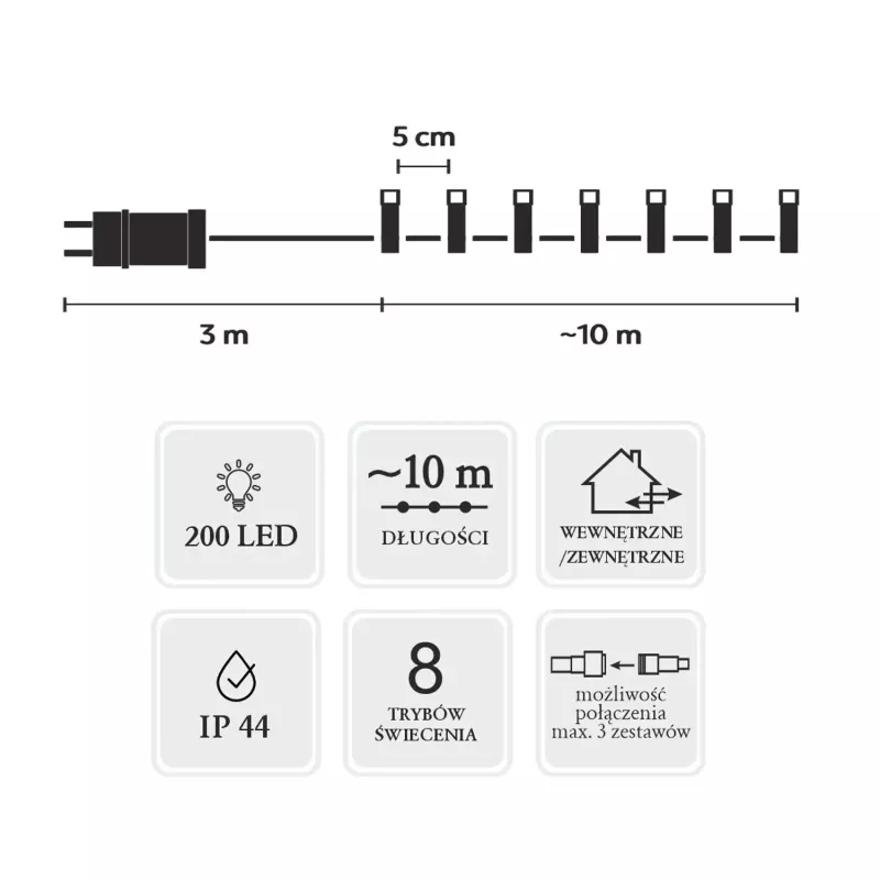 Extralink LED valgusketid 200 LED-i külmvalge 10m + 3m IP44 sise-/välistingimustes