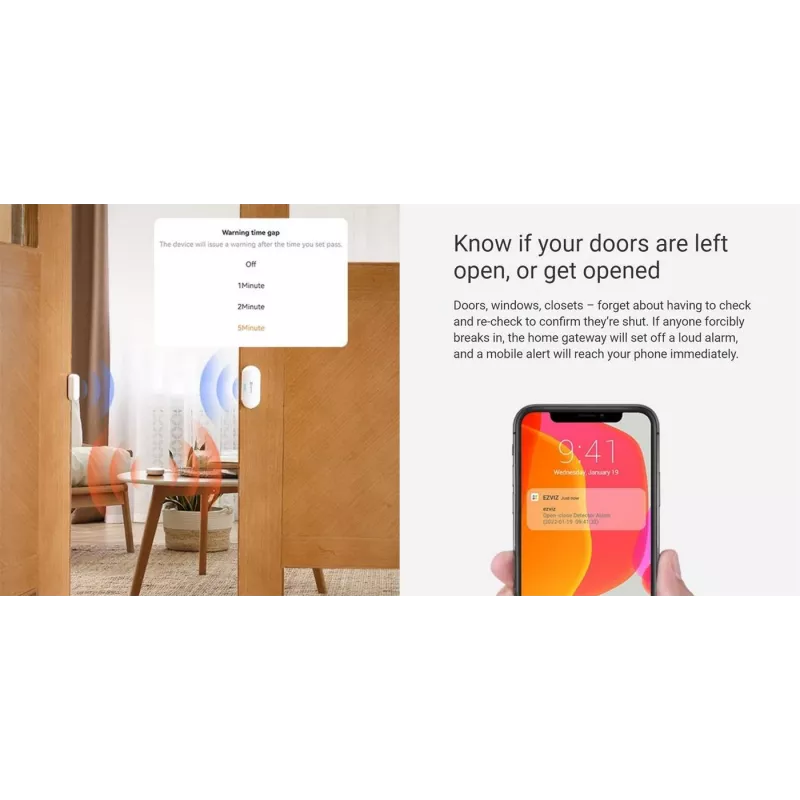 EZVIZ CS-B1 koduandurite komplekt – Zigbee 3.0 lüüs, PIR-liikumisandur ja kontaktsensor, Wi-Fi, 90 dB sireen, valge