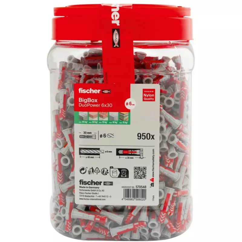 fischer DUOPOWER 6x30 universaalne seinatüübel BigBox, helehall/punane, 950 tk, kinnikäiv karp 570548