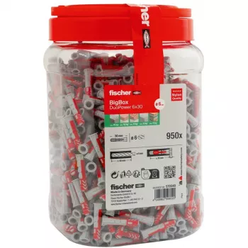 fischer DUOPOWER 6x30 universaalne seinatüübel BigBox, helehall/punane, 950 tk, kinnikäiv karp 570548