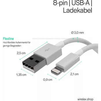 Flexline USB laadimis- ja sünkroonimiskaabel, USB-A – 8-pin (Lightning), 2.0, ABS, valge, 5,0 m (FL31-12048)