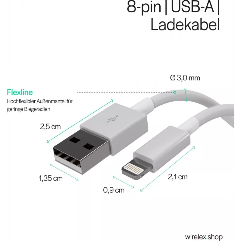 Flexline USB laadimis- ja sünkroonimiskaabel, USB-A – 8-pin (Lightning), 2.0, ABS, valge, 5,0 m (FL31-12048)