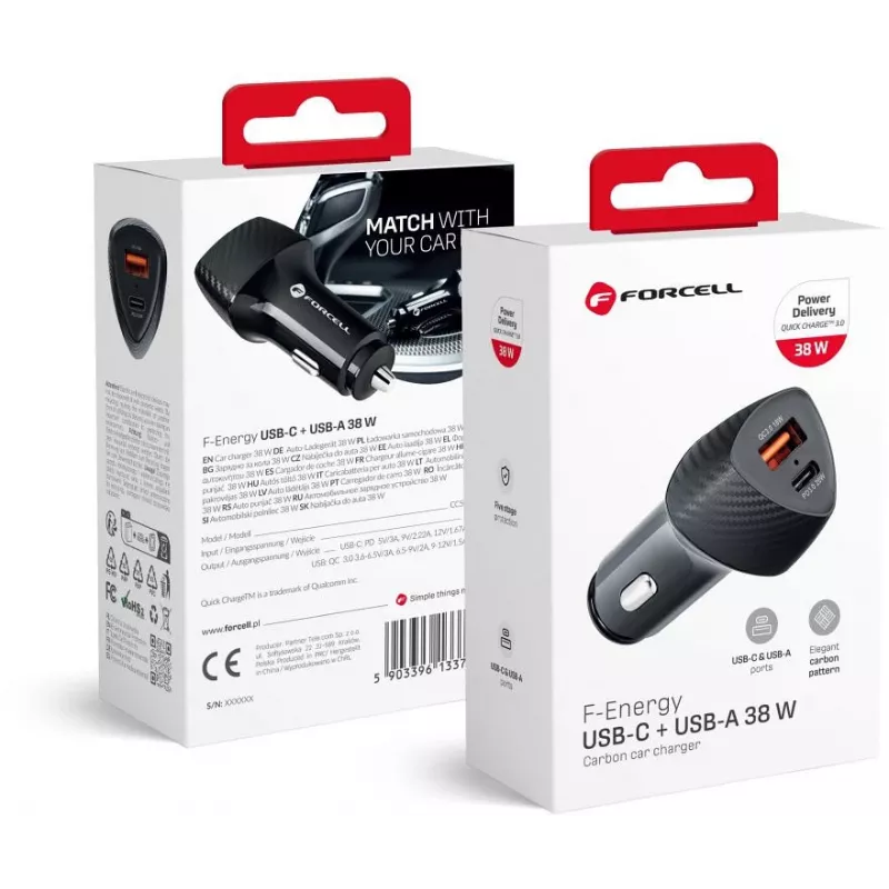 Forcell Carbon CC50-1A1C 38W Autolaadija USB-C PD 3.0 + USB-A QC 3.0 Must