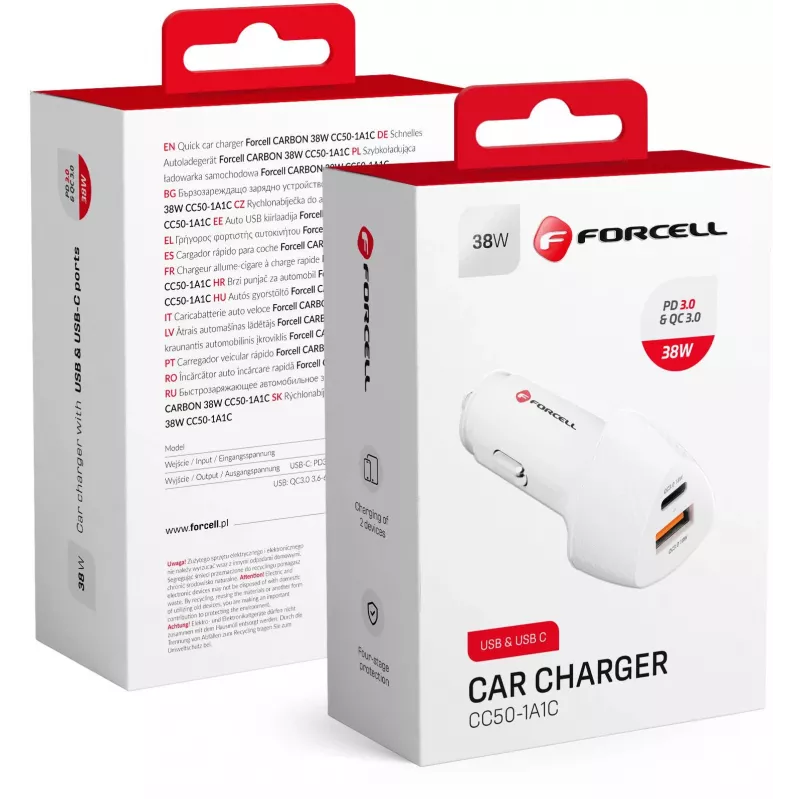 Forcell Carbon CC50-1A1C 38W USB-C PD + USB-A QC 3.0 autolaadija - valge