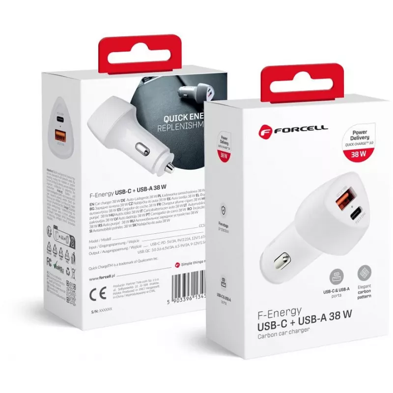 Forcell Carbon CC50-1A1C 38W USB-C PD + USB-A QC 3.0 autolaadija - valge