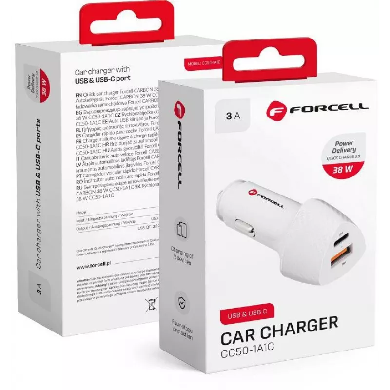 Forcell Carbon CC50-1A1C 38W USB-C PD + USB-A QC 3.0 autolaadija - valge