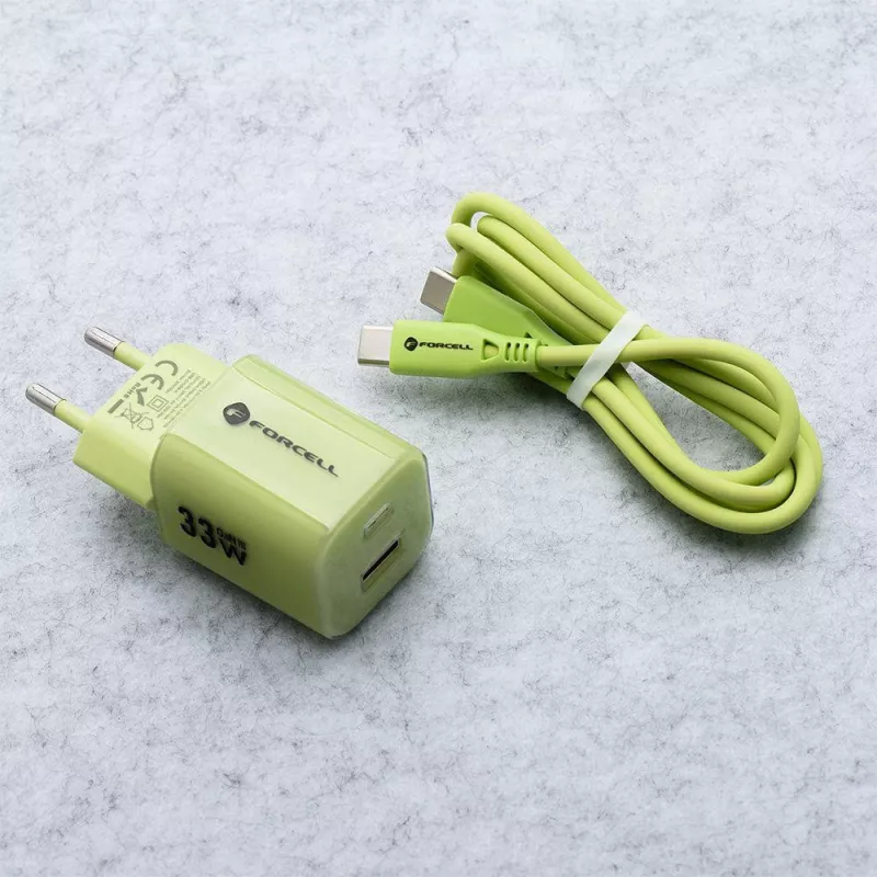Forcell F-Energy GaN III VT-41 33 W GaN seinilaadija, 1x USB-C PD 3.0/PPS ja 1x USB-A QC 4.0, roheline