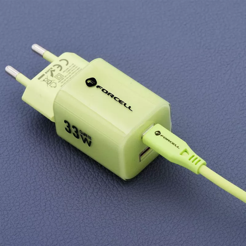 Forcell F-Energy GaN III VT-41 33 W GaN seinilaadija, 1x USB-C PD 3.0/PPS ja 1x USB-A QC 4.0, roheline