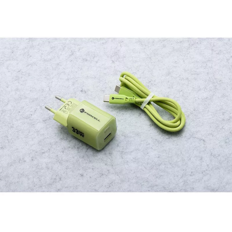 Forcell F-Energy GaN III VT-41 33 W GaN seinilaadija, 1x USB-C PD 3.0/PPS ja 1x USB-A QC 4.0, roheline