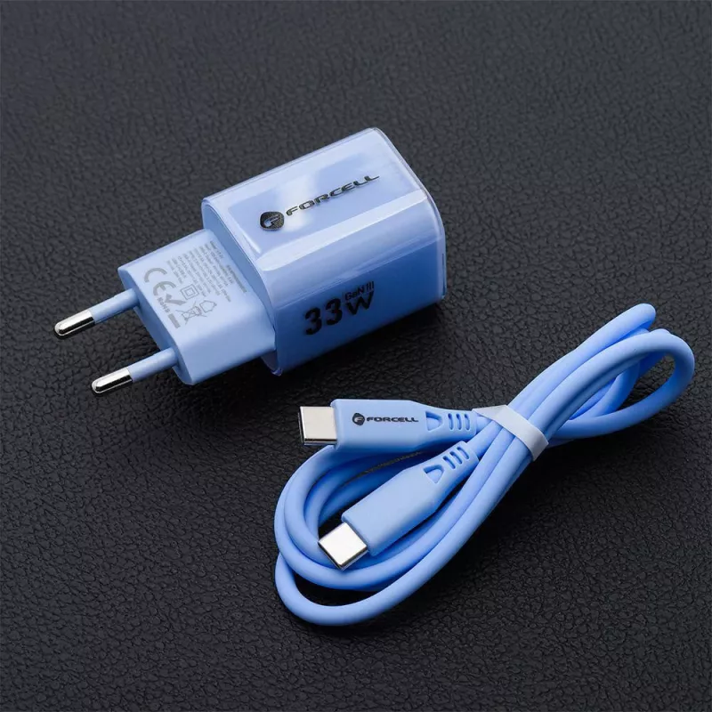 Forcell F-Energy GaN III VT-41 33W USB-C & USB-A seinadapter, PD 3.0, QC 4.0, sinine
