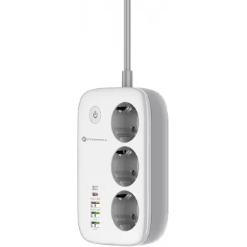 Forcell F-Energy VT-PS03 nutikas pikendusjuhe, 3x Schuko pistikupesa, USB-C PD 30W, 3x USB-A QC 3.0, Wi-Fi, Tuya rakenduse juhtimine, 2500W/10A