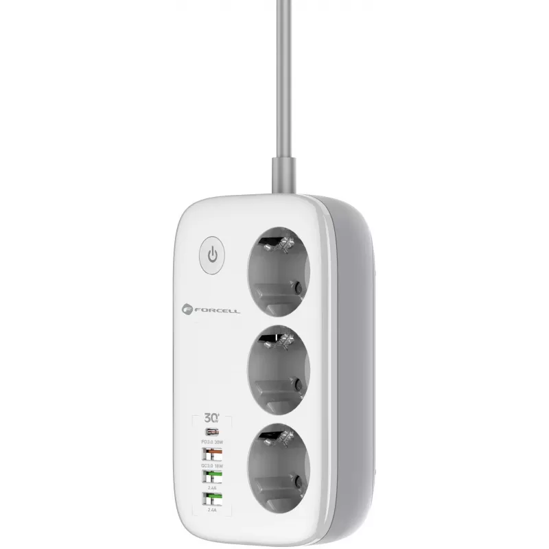 Forcell F-Energy VT-PS03 nutikas pikendusjuhe, 3x Schuko pistikupesa, USB-C PD 30W, 3x USB-A QC 3.0, Wi-Fi, Tuya rakenduse juhtimine, 2500W/10A