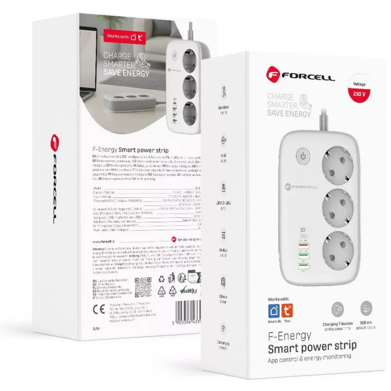 Forcell F-Energy VT-PS03 nutikas pikendusjuhe, 3x Schuko pistikupesa, USB-C PD 30W, 3x USB-A QC 3.0, Wi-Fi, Tuya rakenduse juhtimine, 2500W/10A