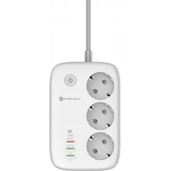 Forcell F-Energy VT-PS03 nutikas pikendusjuhe, 3x Schuko pistikupesa, USB-C PD 30W, 3x USB-A QC 3.0, Wi-Fi, Tuya rakenduse juhtimine, 2500W/10A