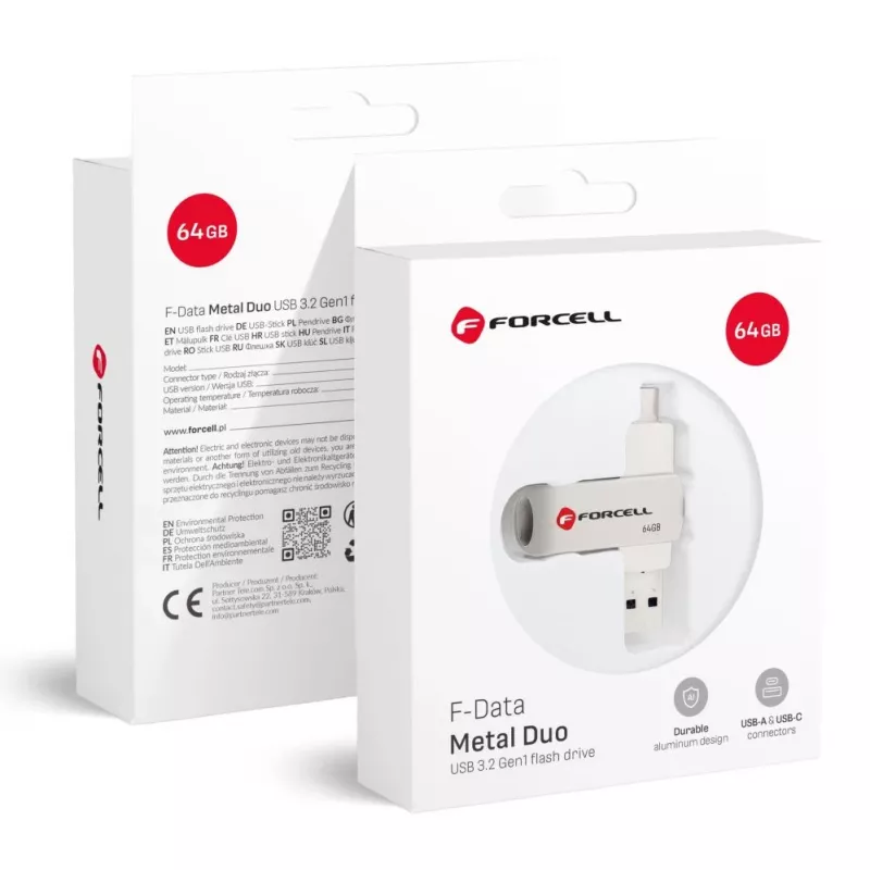 Forcell Pendrive 64GB USB 3.2 Gen 1 (USB-A / USB-C) F-Data Metal Duo Silver
