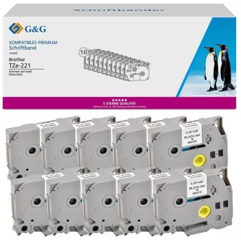G&G 20101 Brother TZe-221 ühilduv märgistuslint, 9mm x 8m, must valgel, lamineeritud, 10-pakk