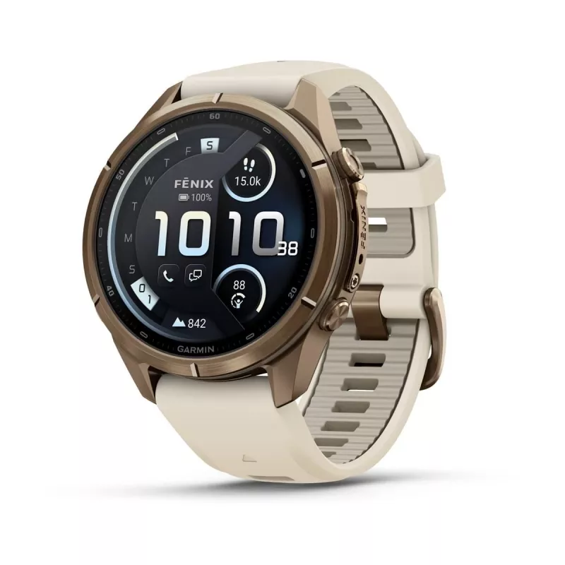 Garmin Fenix 9 Pro – inReach, 43mm Autumn Gold titaankere ja kreem/hallika Prantsuse halli silikoonrihmaga