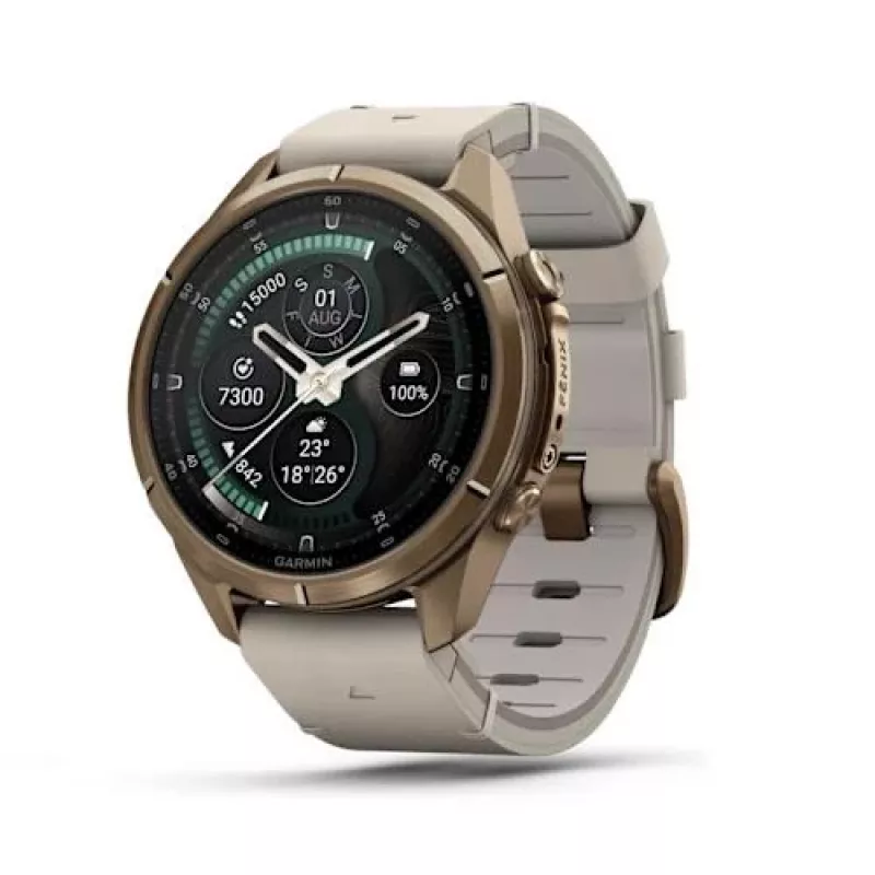 Garmin Fenix 9 Pro – inReach, 43mm Autumn Gold titaankere ja kreem/hallika Prantsuse halli silikoonrihmaga