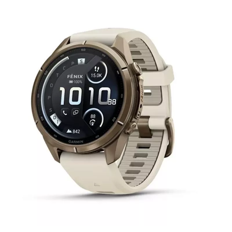 Garmin Fenix 9 Pro – inReach, 43mm Autumn Gold titaankere ja kreem/hallika Prantsuse halli silikoonrihmaga