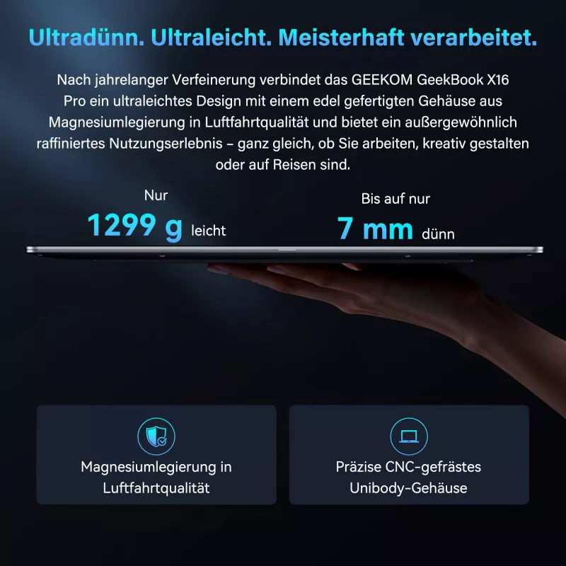 GEEKOM GEEKBOOK X16 PRO (Hõbedane, Intel Core Ultra 5 125H, Intel Arc Graphics, 32 GB LPDDR5, 1 TB SSD, Windows 11 Pro)