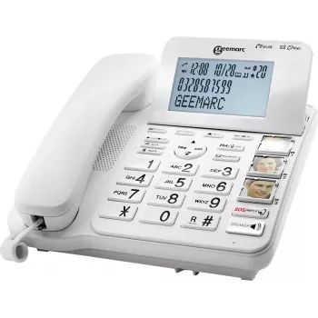 Geemarc CL595 Juhtmega Laualtelefon Eakatele, Automaatvastajaga, Käed-vabad, Visuaalne Helina Indikaator, Kuuldeaparaadiga Ühilduv, Hädaabiripats, Valge