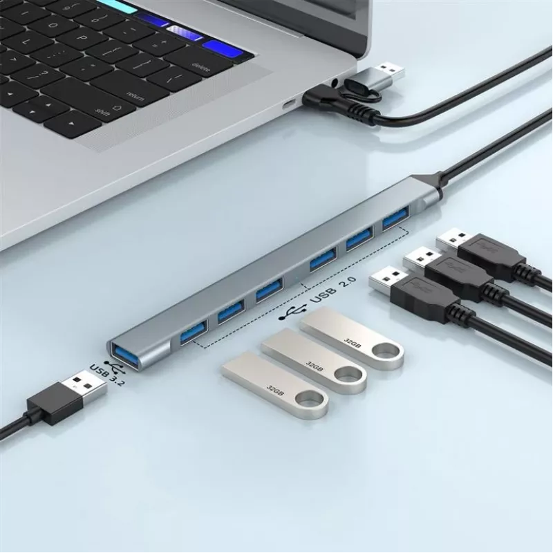 Gembird 7-pordiline USB 3.2 Gen 2 jaotur - 6x USB-A 2.0 + 1x USB-A 3.2, hõbedane