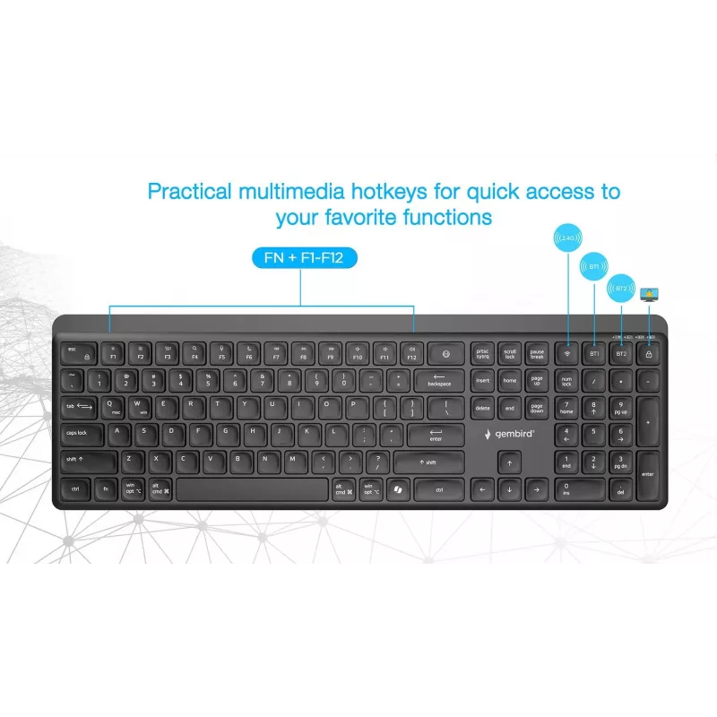 Gembird KB-WPS-03 kaherežiimiline Pro-Business õhuke juhtmevaba klaviatuur, 2.4G + Bluetooth, US paigutus, must