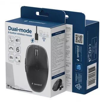 Gembird MUSW2-6B-01 kaherežiimiline juhtmevaba hiir, 2,4 GHz + Bluetooth 5.0, 1600 DPI, 6 nuppu, must