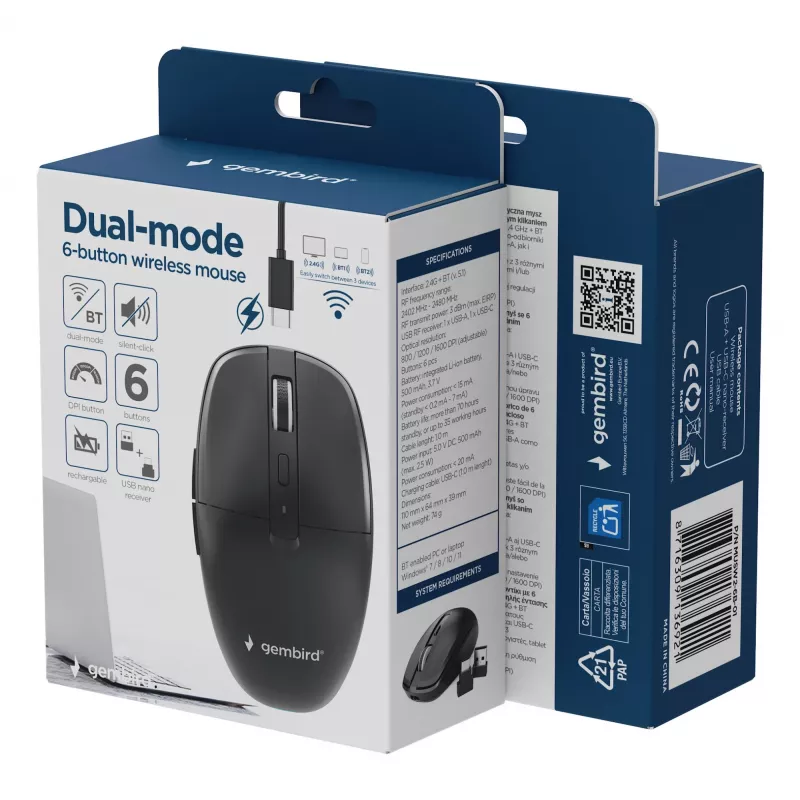Gembird MUSW2-6B-01 kaherežiimiline juhtmevaba hiir, 2,4 GHz + Bluetooth 5.0, 1600 DPI, 6 nuppu, must